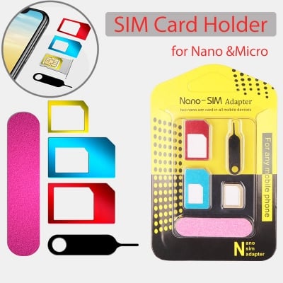 Picture of 5 In 1 Sim Cards Adapters Metal Holder Card with Sander Open Needle Tray for All Smartphones Standard/Nano/Micro Slot Conversion