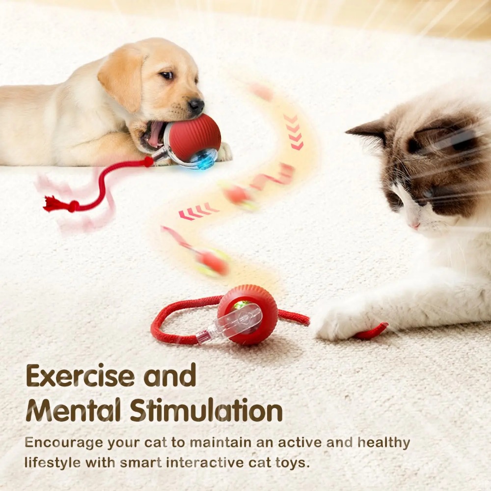 Picture of New Cat Interactive Ball Toy Automatic Rolling Ball Faux Tail Rechargeable Smart Pet Electric Toy Dog Cat Training Imitate Mouse Red