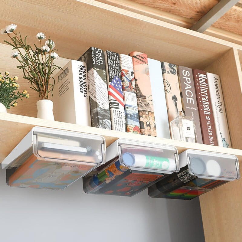 Picture of Invisible Storage Table Shelf Storage Box New Pull Out Storage Box Hanging Under Desk Drawer Large Capacity Undertable Drawer