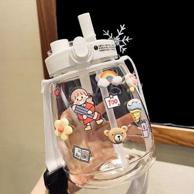 Picture of 1300ML Large Capacity Plastic LDual Drinking Cup With Straw And Strap Portable Bottle Outdoor Sports 3D Sticker Water Cup Gift
