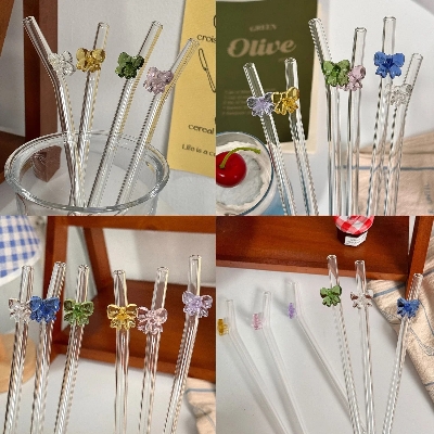 Picture of 1PCS Reusable Drinking Straws 8mm Glass Straw Cute Butterfly Heat-Resistant Straw Multicolor