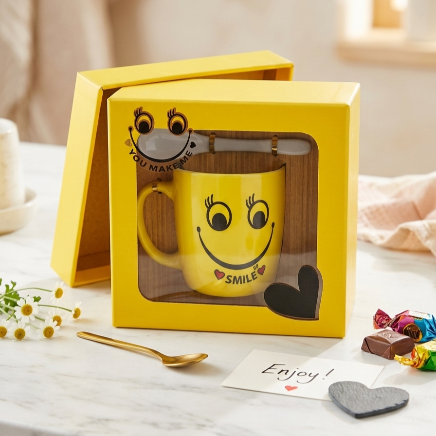 Picture of Cute Yellow Smiley Face Ceramic Mug Gift Set with Spoon and Premium Packaging Box