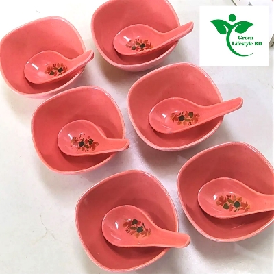 Picture of 6 Piece Square Soup Bowl With Spoon - Pink Color - Perfect For Serving Soups And Desserts - Pink