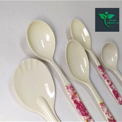 Picture of 6 Pieces High Quality Melamine Spoon Set (Size-10.5inch) for kitchen and dining. - Off White