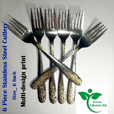 Picture of 6 pieces (6-inch) Stainless Steel fork Spoon Set - Multi Design print. - Silver