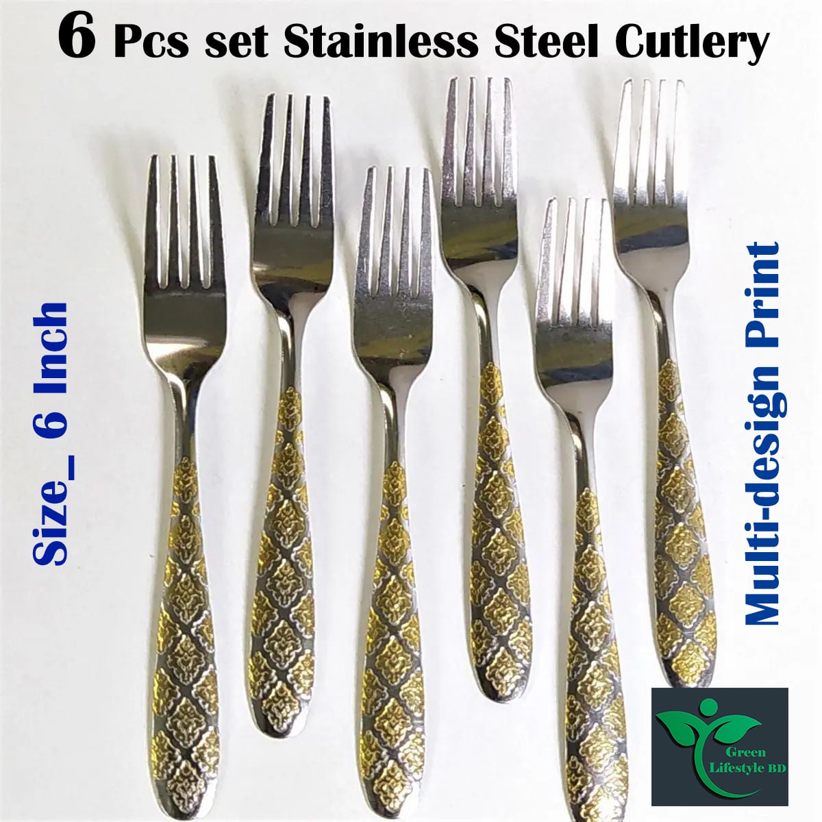 Picture of 6 pieces (6-inch) Stainless Steel fork Spoon Set - Multi Design print. - Silver