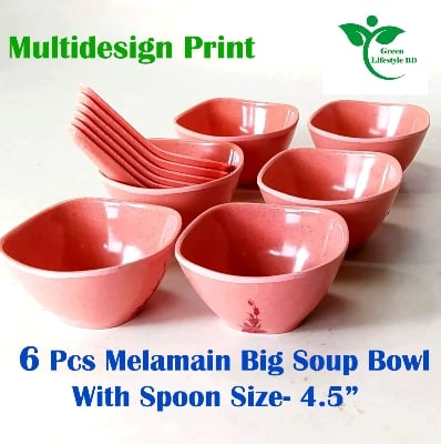 Picture of Big Square Soup Bowl 6 Pcs with 6 Pcs Spoon  (4.5) Inch Pink Color for home and office - Pink