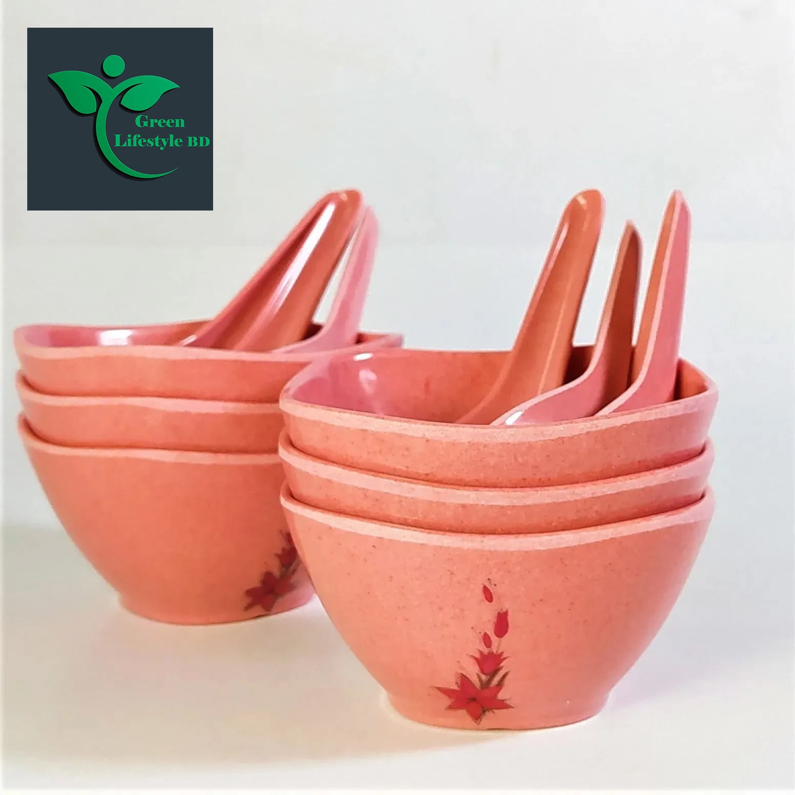 Picture of Big Square Soup Bowl 6 Pcs with 6 Pcs Spoon  (4.5) Inch Pink Color for home and office - Pink