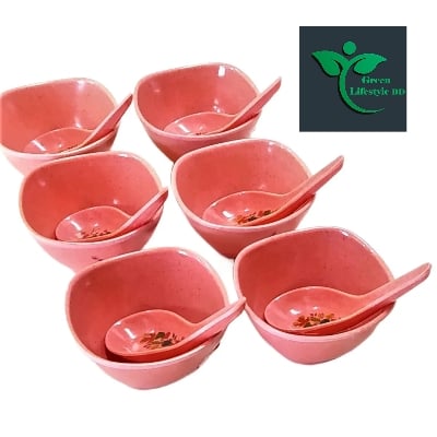 Picture of Big Square Soup Bowl 6 Pcs with 6 Pcs Spoon  (4.5) Inch Pink Color for home and office - Pink