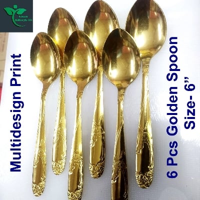 Picture of luxury gold color 6pcs set (6inch) tablespoon stainless steel spoon. - Gold