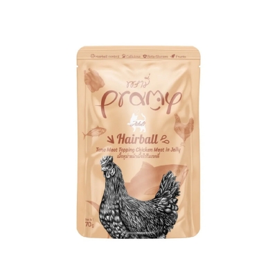 Picture of Pramy HAIRBALL Pouch Cat Food Tuna Meat Topping Chicken Meat in Jelly for Adult 70gm