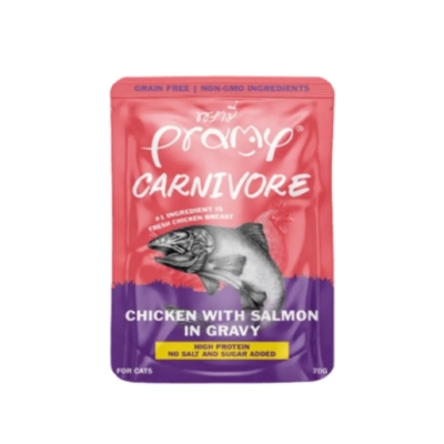 Picture of Pramy Carnivore Pouch Cat Food Chicken with Salmon in Gravy for All Cats 70gm