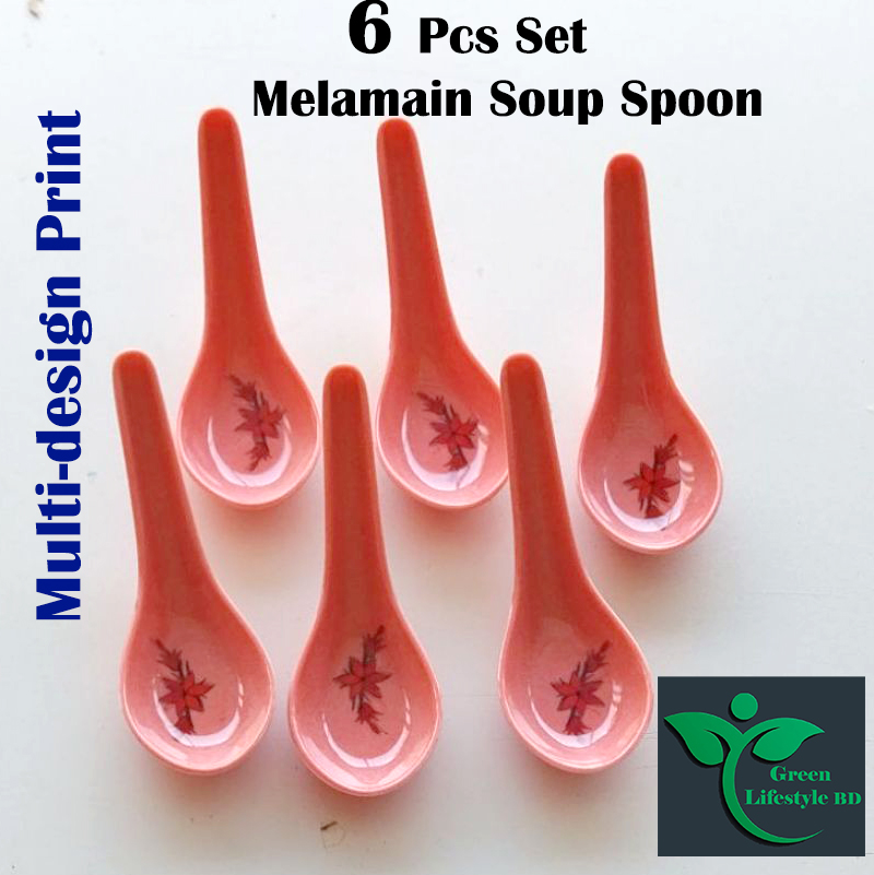 Picture of High-quality Melamine soup spoon 6 pcs Set 4+ inches long multi-design print Pink Color. - Pink
