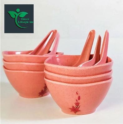 Picture of Big Square Soup Bowl 6 Pcs with 6 Pcs Spoon  (4.5) Inch Pink Color. - Pink