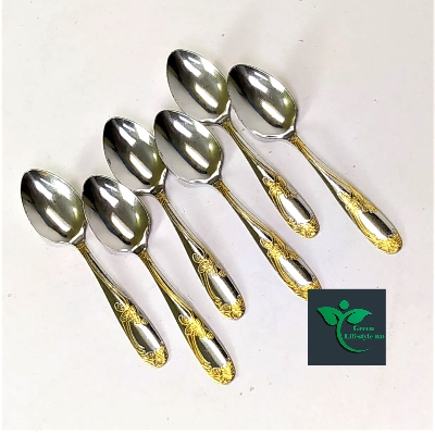 Picture of 6 Pieces 6inch Stainless Steel Spoon Set ( Multi Design Print ) For use home and kitchen. - Silver