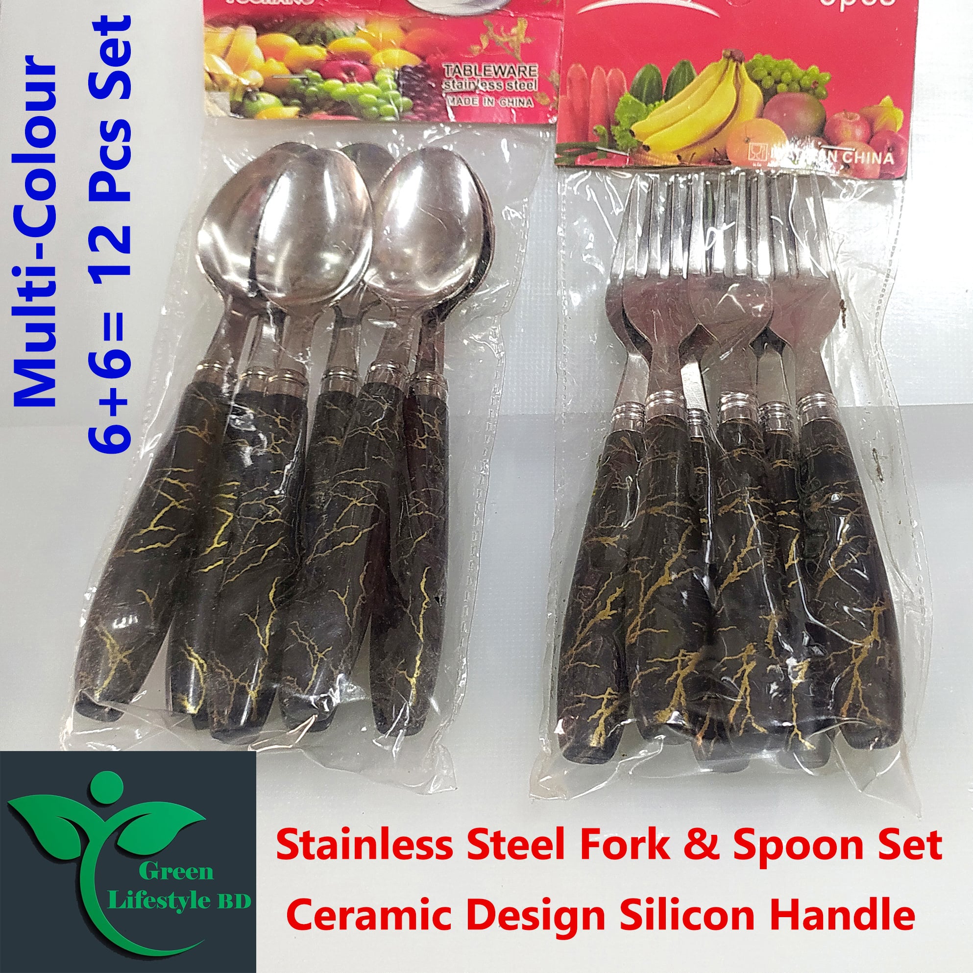 Picture of HIGH-QUALITY 12-piece Stainless Steel Fork & Spoon Set With Ceramic Design Silicon Handle  Stainless Steel Spoon Set 12-pieces (Tea Spoon 6-pieces & Fork Spoon 6-pieces) - Multicolor
