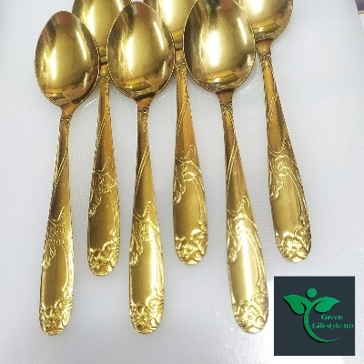 Picture of 12-Pcs Set Golden Color Tea Spoon Set Stainless Steel (Tea Spoon 6-Pcs & Fork Spoon 6-Pcs) -Chopsticks - Gold