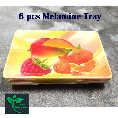 Picture of Good-quality Melamine Tray 6 pcs set Medium size length 7.5 wide 5.5 inches for kitchen and dining multi-design print. - Multicolor