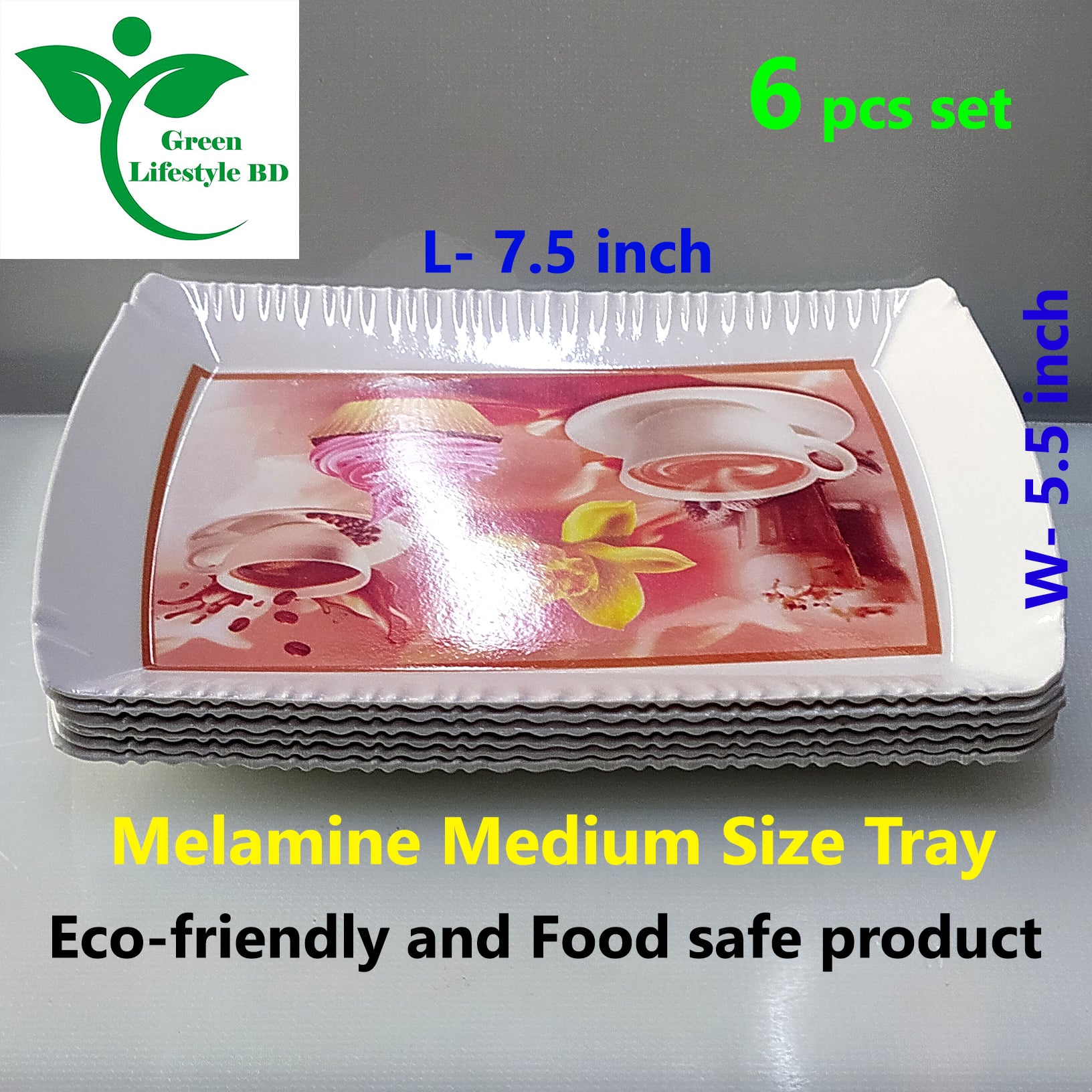 Picture of Good-quality Melamine Tray 6 pcs set Medium size length 7.5 wide 5.5 inches for kitchen and dining multi-design print. - Multicolor