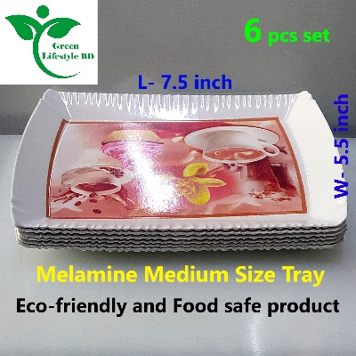 Picture of Good-quality Melamine Tray 6 pcs set Medium size length 7.5 wide 5.5 inches for kitchen and dining multi-design print. - Multicolor