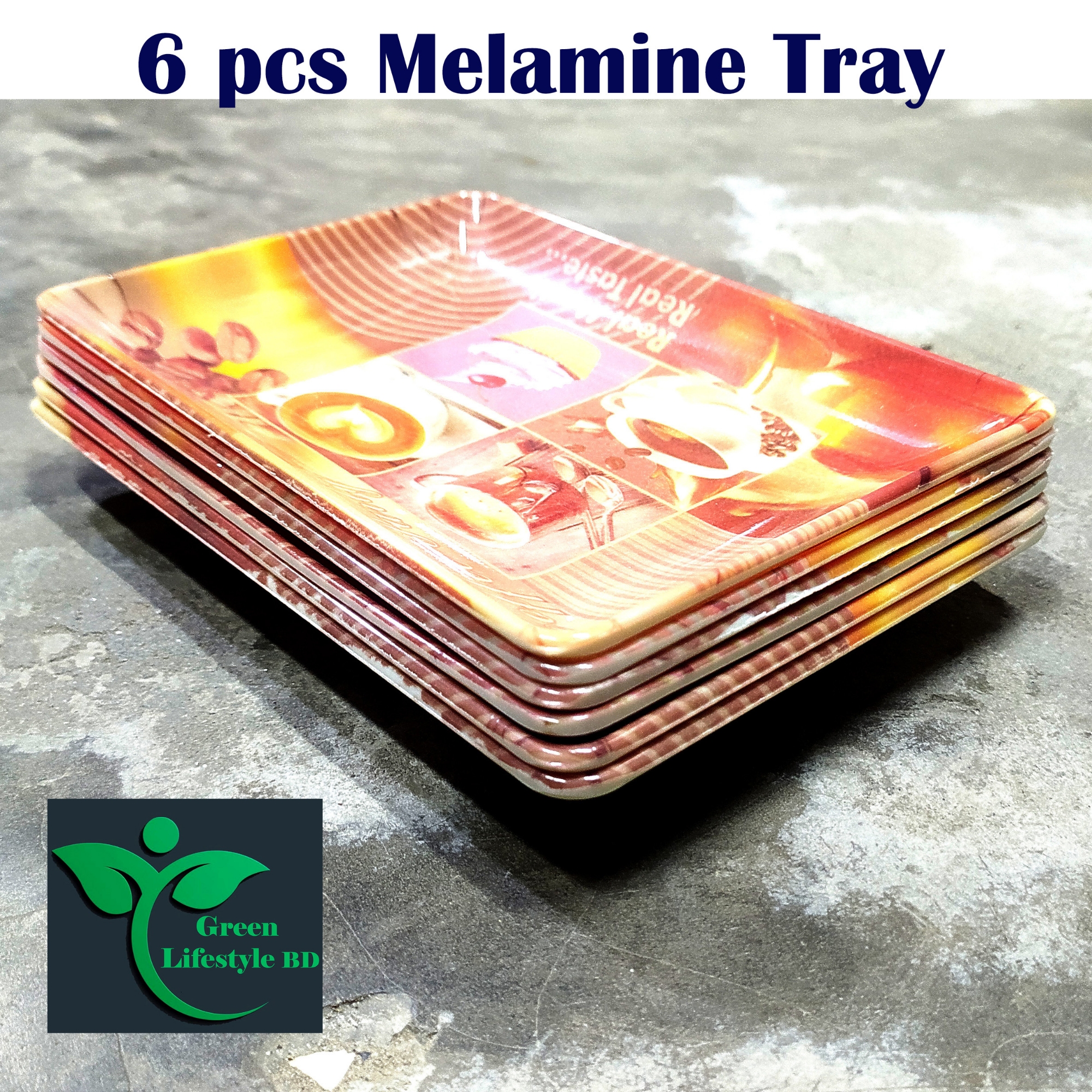 Picture of 6 Pcs Set Melamine Tray medium size length 7 wide 5 inches for kitchen and dining multi-design print.