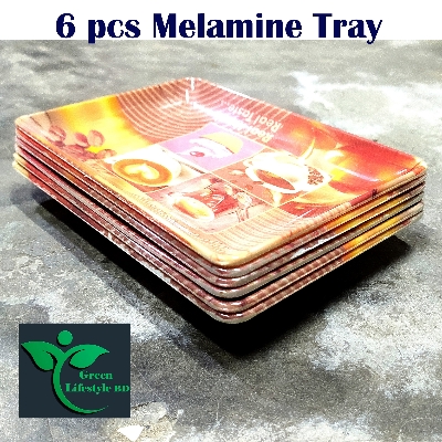 Picture of 6 Pcs Set Melamine Tray medium size length 7 wide 5 inches for kitchen and dining multi-design print.