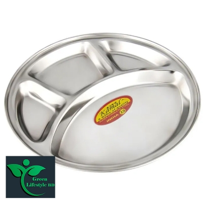 Picture of Stainless Steel 1 Pcs Round Dining Plate Size12 Inch With 4 Compartments - For Lunch And Dinner - Silver