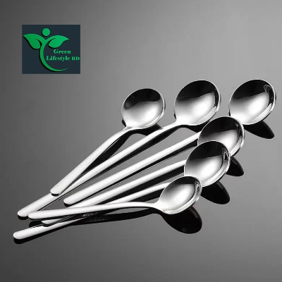 Picture of 6 Pcs Stainless Steel Round Coffee/Acher Stirring Spoon Dessert Mini Round Spoon 8 Inch Long Handle Teaspoon - Silver