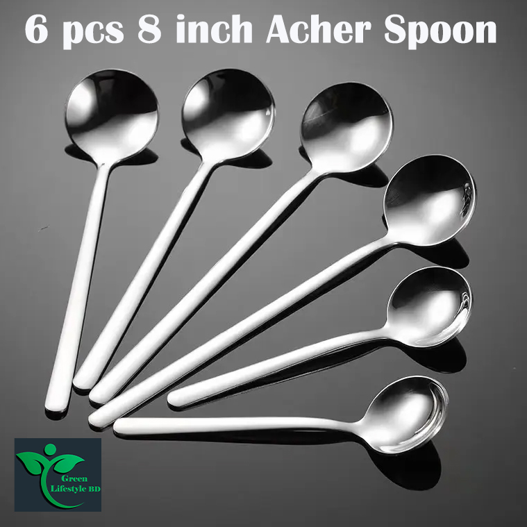 Picture of 6 Pcs Stainless Steel Round Coffee/Acher Stirring Spoon Dessert Mini Round Spoon 8 Inch Long Handle Teaspoon - Silver