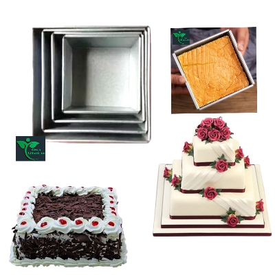 Picture of Square Cake Mold Pans 4-Piece Set Aluminum Heavy Duty Square Wedding/Birthday/Party Cake TINS Microwave Oven Easy to Make Kitchen Bakeware Mould - Silver