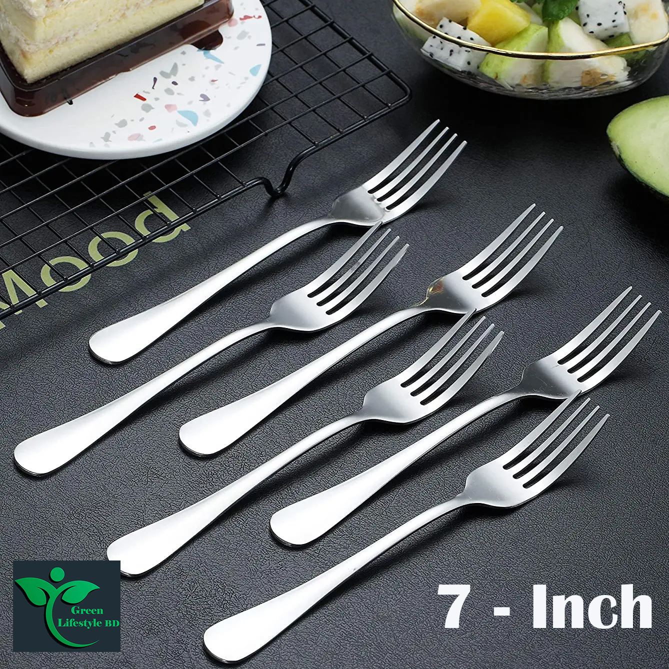 Picture of 6-Pcs Stainless Steel Coffee Mug Stirring Spoon and Silver Fork Set 7 -inch High-Quality Polished PP Cutlery for Hotels - Silver