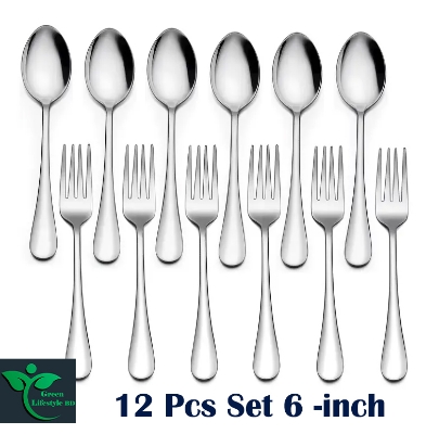 Picture of Home Kitchen Restaurant 12 Pcs Forks And Spoons Silverware Set Food Grade Stainless Steel Flatware Cutlery Set Size 6 Inch - Silver 12 Pcs Set