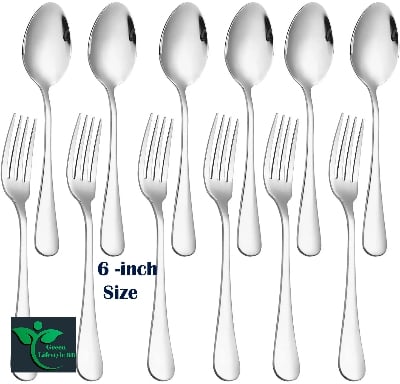 Picture of 12 Pieces Forks and Spoons Metal Teaspoons Coffee Spoon Set Stainless Steel Flatware Wedding Cutlery Silverware Set Size 6 Inch - Silver 12 Pcs Set