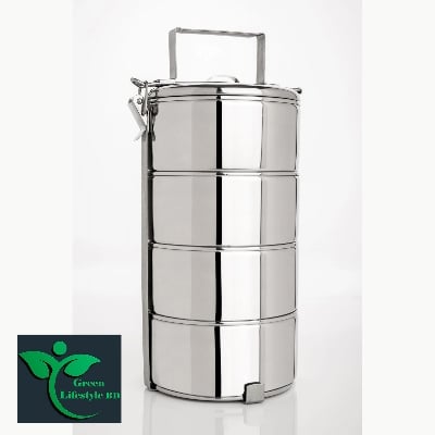 Picture of Tiffin Stainless Steel 3/4 Tier Lunch Box Multi Layer Stackable Round Containers Tiffin Hot Food Carrier Tins Lunch Storage Portable for Kids Adults Work Office School Picnic