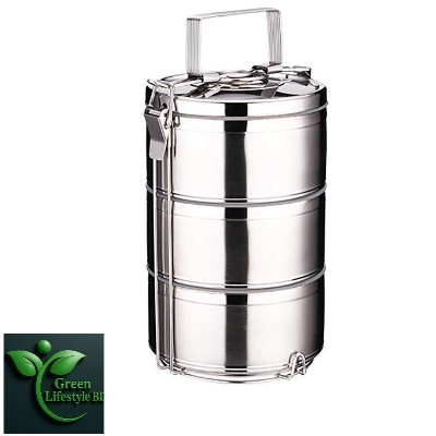 Picture of Tiffin Stainless Steel 3/4 Tier Lunch Box Multi Layer Stackable Round Containers Tiffin Hot Food Carrier Tins Lunch Storage Portable for Kids Adults Work Office School Picnic