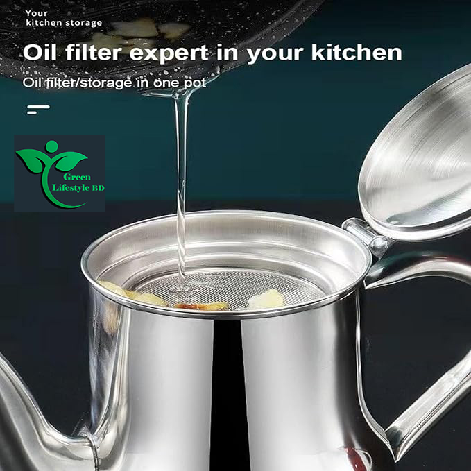 Picture of Kitchen Strainer Stainless Steel Oil  Pot with Oil Strainer Container with Strainer Dispenser Oiler Strainer Container Can with Fine Mesh Strainer for Kitchen Cooking