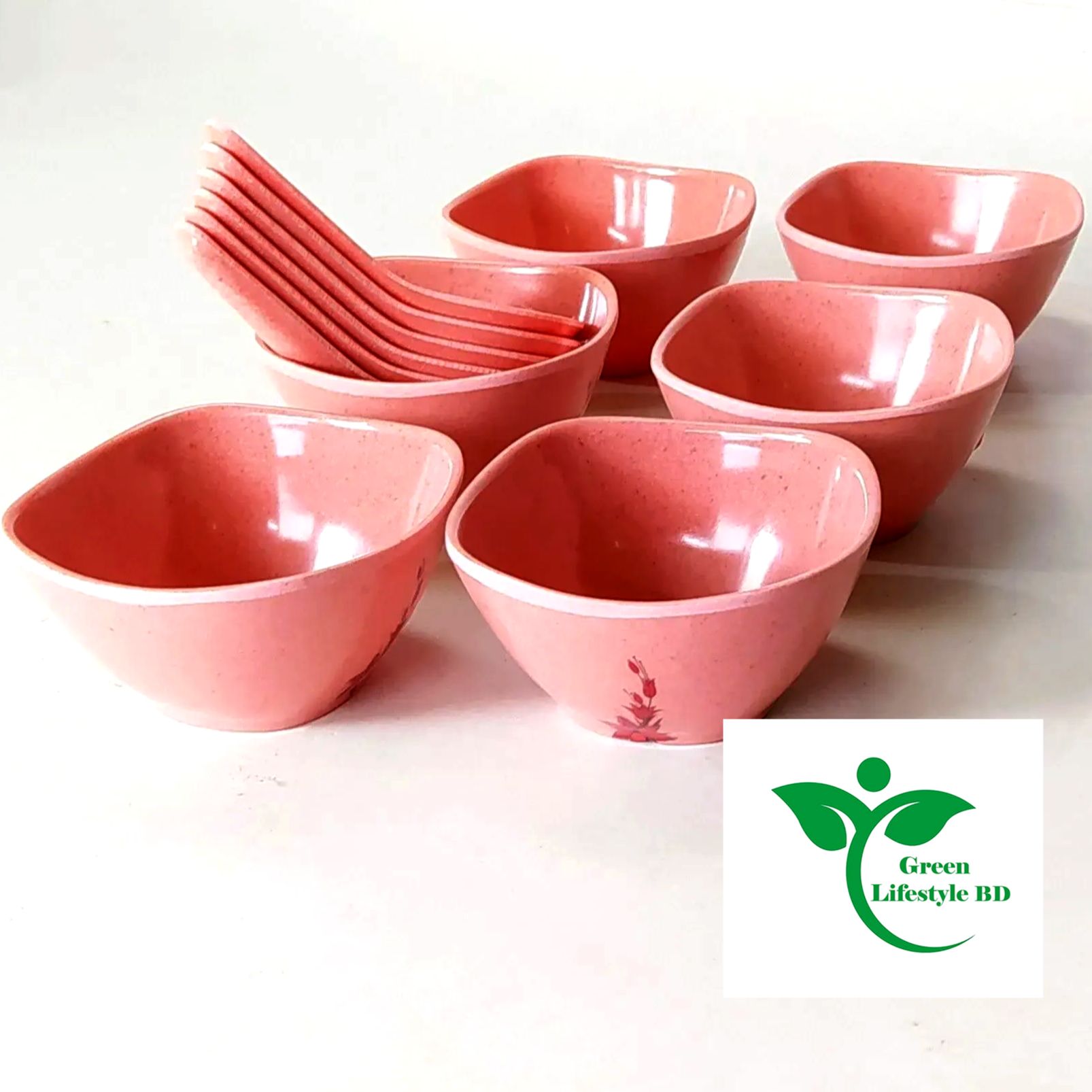 Picture of 6 pcs Square Soup Bowl With 6 pcs Spoon - Pink Color - Size 3.5" Perfect  For Serving Soups And Desserts - Pink