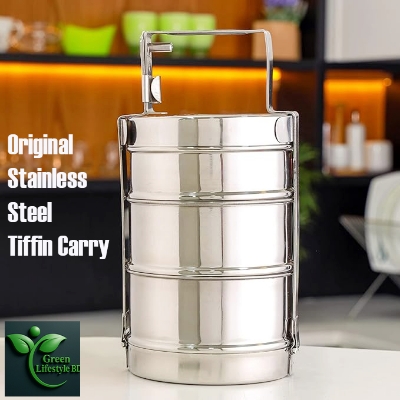 Picture of Indian Tiffin Box Stainless Steel 3Tier Lunch Box Multi Layer Stackable Round Containers Tiffin Hot Food Carrier Tins Lunch Storage Portable for Kids Adults Work Office School Picnic - Grey
