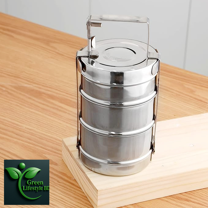 Picture of Indian Tiffin Box Stainless Steel 3Tier Lunch Box Multi Layer Stackable Round Containers Tiffin Hot Food Carrier Tins Lunch Storage Portable for Kids Adults Work Office School Picnic - Grey