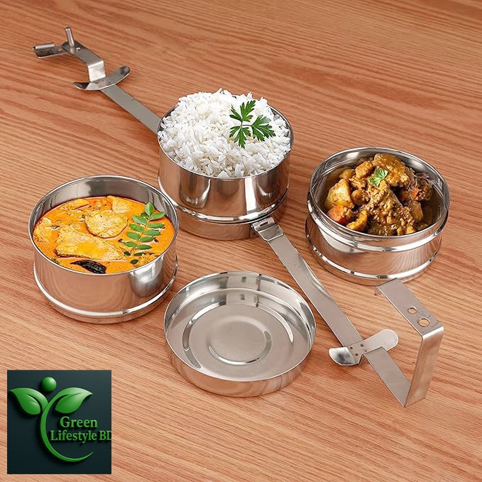 Picture of Tiffin Carrier, Stainless Steel Tiffin Box, Lunch Box for School, College and Office, Multi Box (3-Tier) - Grey
