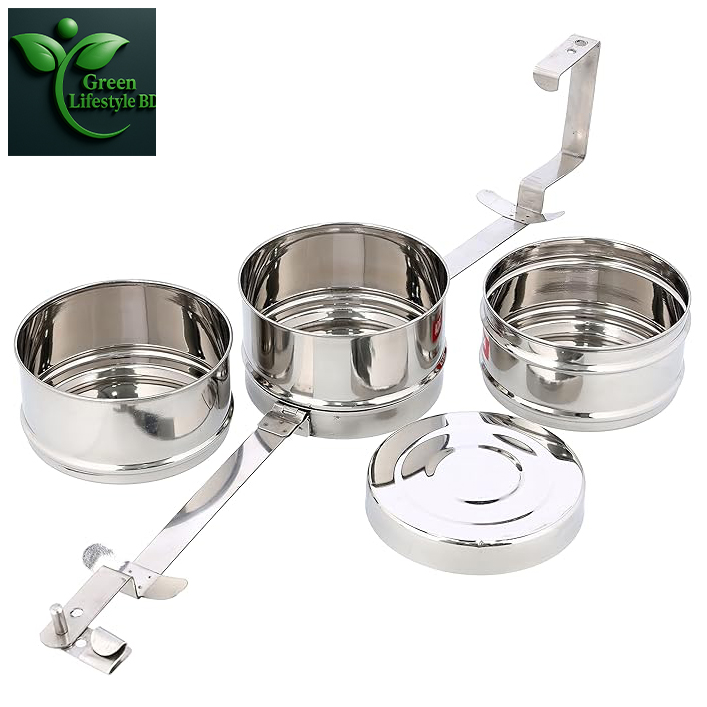 Picture of Tiffin Carrier, Stainless Steel Tiffin Box, Lunch Box for School, College and Office, Multi Box (3-Tier) - Grey