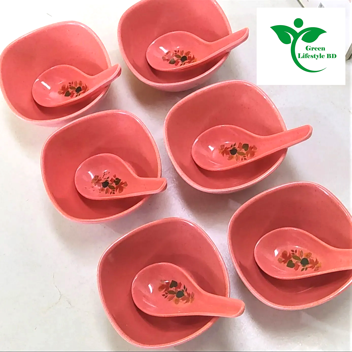Picture of Big Square Soup Bowl 6 Pcs with 6 Pcs Spoon  (4.5) Inch Pink Color. - Pink