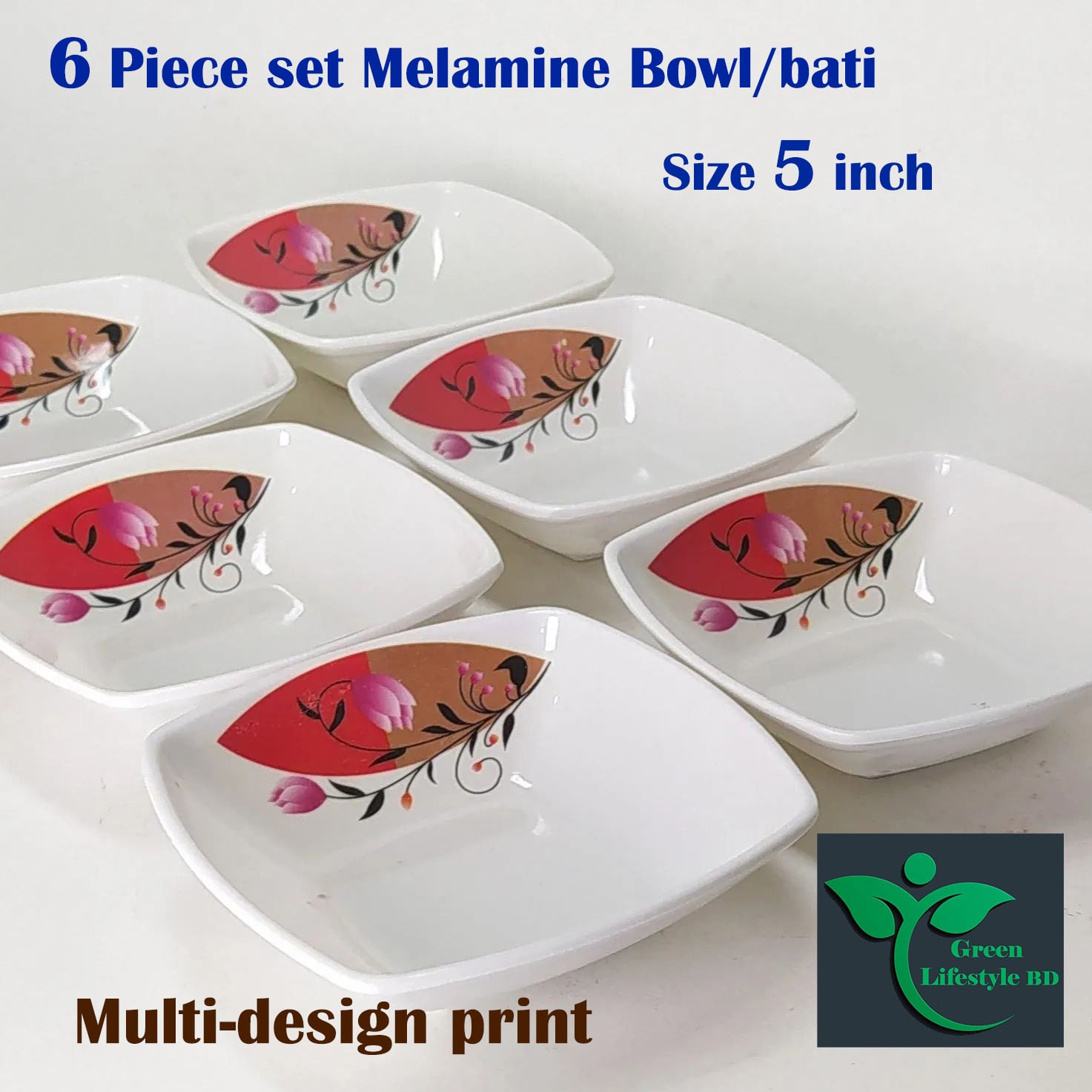 Picture of Melamine 6 Piece Bowl/bati 5 inch square melamine bowl Multi design print. - White