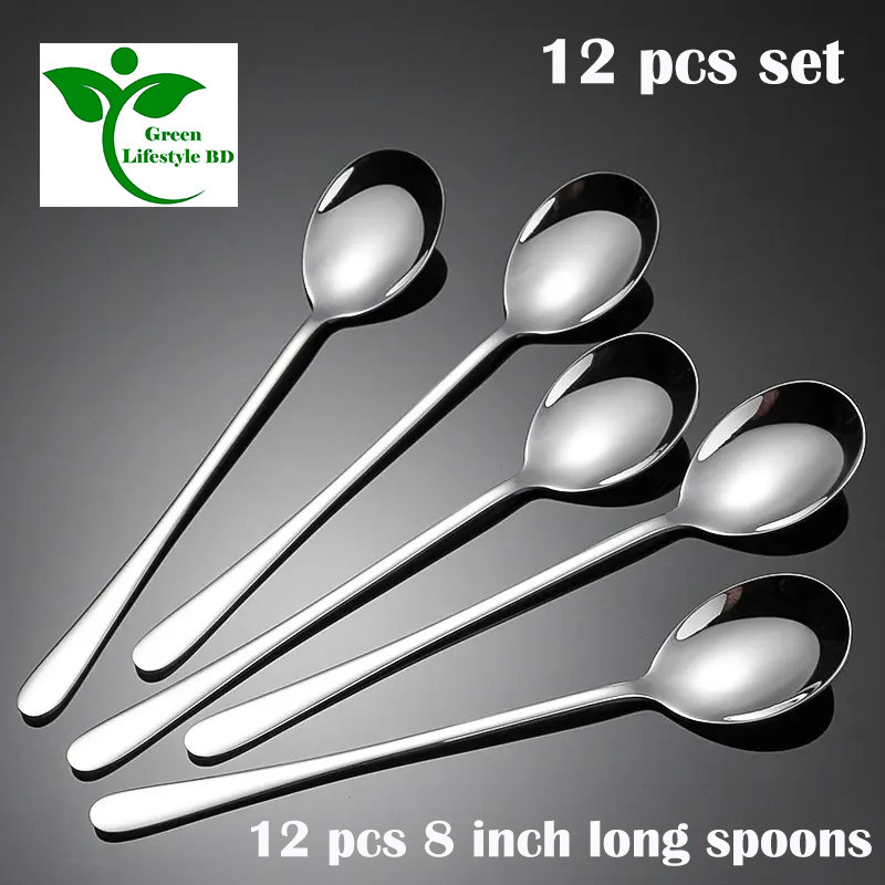 Picture of 12 pcs 8-inch Round Head Long Handle Spoons Stainless Steel Coffee Spoons Tea Spoon Ideal for Latte Coffee, Espresso, Hot Chocolate, Hot Drinks - Silver