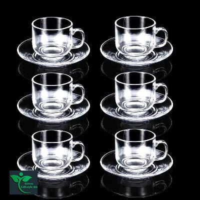 Picture of Crystal Clear Glass Tea Cup Set with Saucers (6 Cup +6 pirich) Cup pirich Set For Home And Office - Clear 6pcs set
