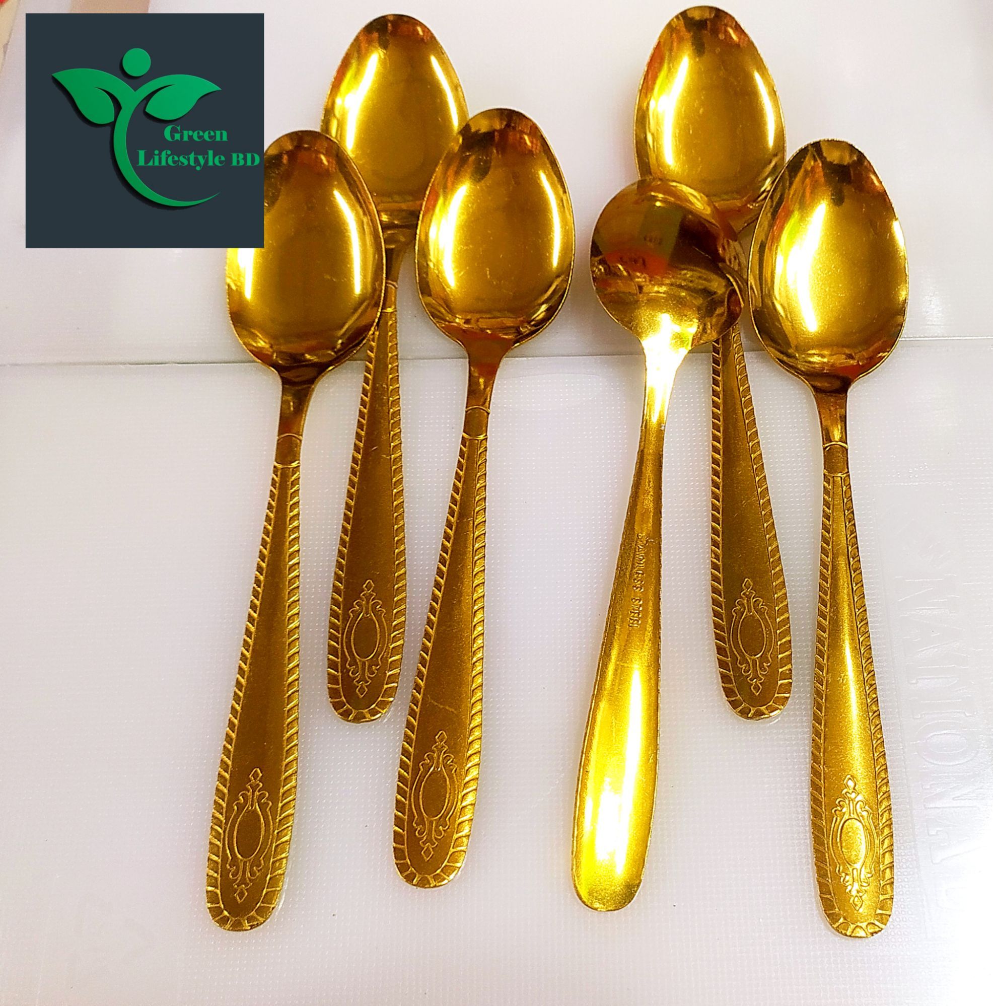 Picture of Big Size Golden Color Spoon 8 Inch Long 6 Piece Set Multi design Print For Home & Office - Gold