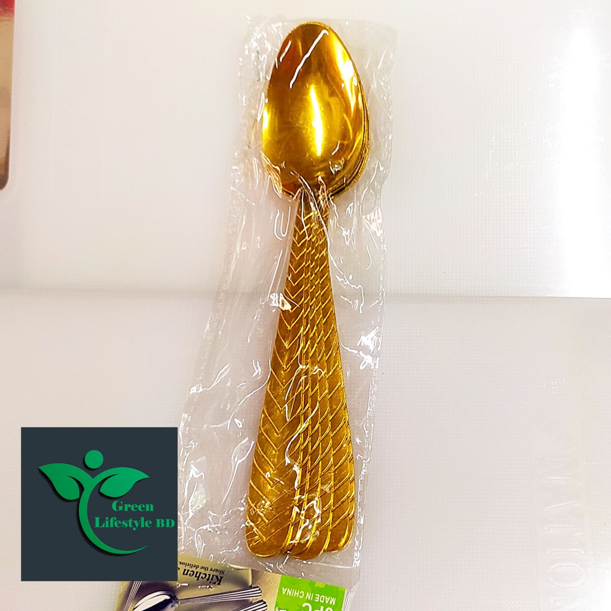 Picture of Big Size Golden Color Spoon 8 Inch Long 6 Piece Set Multi design Print For Home & Office - Gold