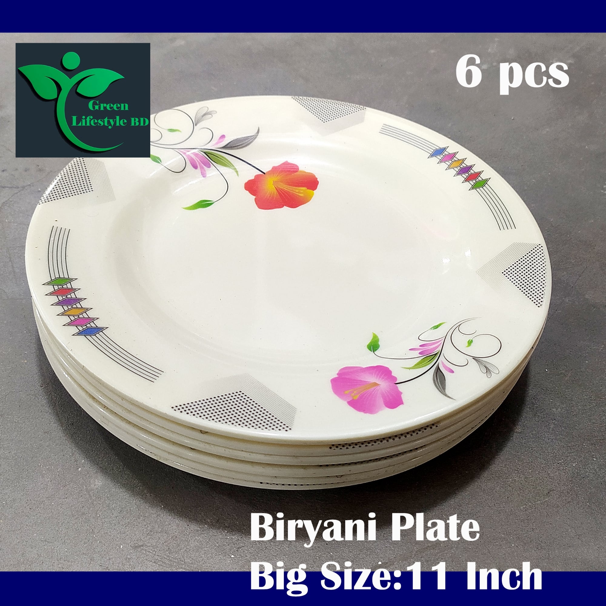 Picture of Big Size 11-inch 6 Pcs Set Dinner Plate Rice Dinner Plate, muiltiColor Print. Microwave oven save, Dishwasher Save, Dining Plate Set. - Cream