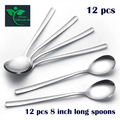 Picture of Stainless Steel 12 pcs Tea Stirring Scoops Ice Cream Coffee Spoon size 8-inch Portable Convenient Long Handle Kitchen Spoon - Silver
