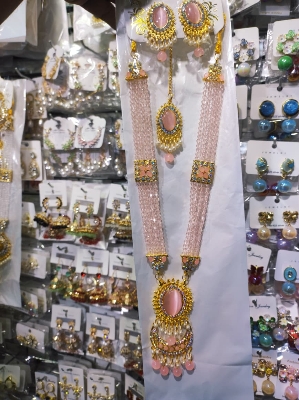 Picture of Elegant gold-plated jewelry set for women. Includes long necklace, earrings, and tikli. Perfect for wedding, party, and traditional wear. High-quality finish and stylish design.